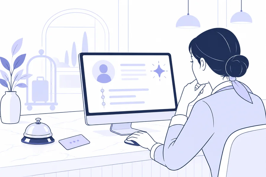 Receptionist che consulta un profilo ospite con il supporto dell’intelligenza artificiale