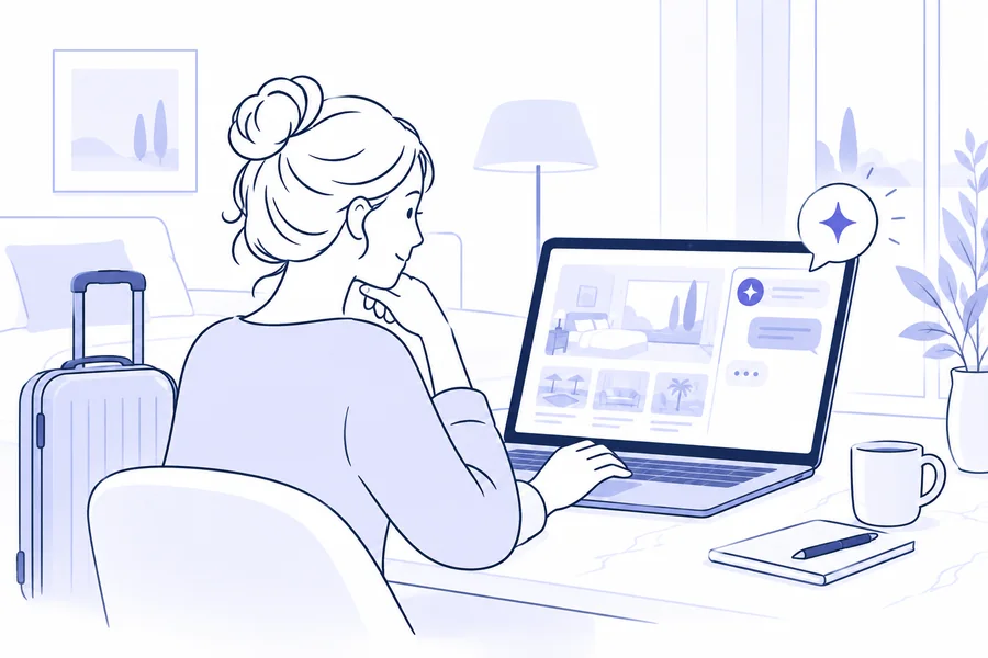 Viaggiatrice che consulta il sito di un hotel con assistente chat sul portatile