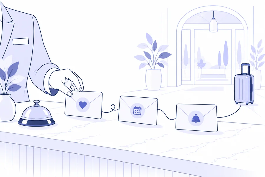 Sequenza di email illustrata su un banco reception per accompagnare il soggiorno