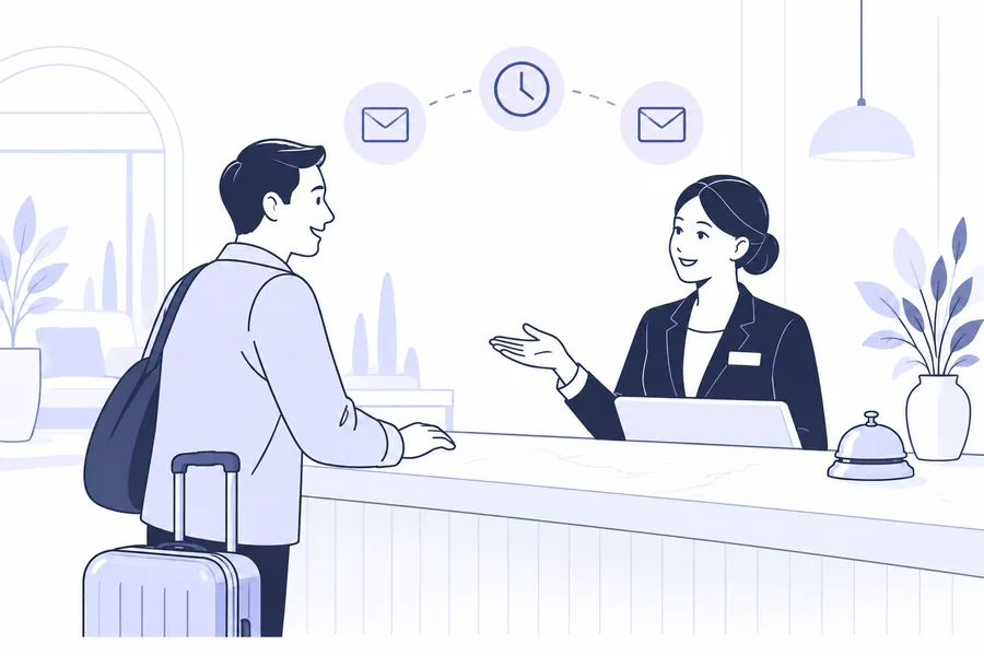 Accoglienza tra receptionist e ospite con simboli di email e promemoria