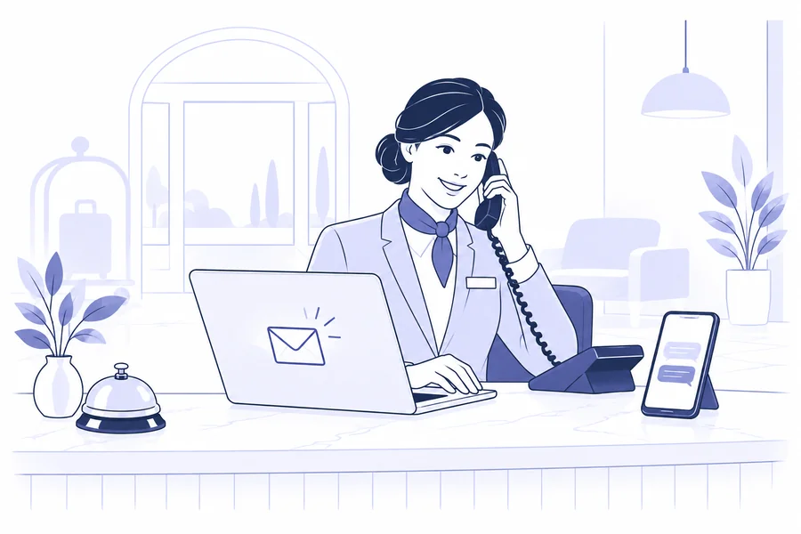 Receptionist che comunica con gli ospiti tramite telefono, email e messaggi