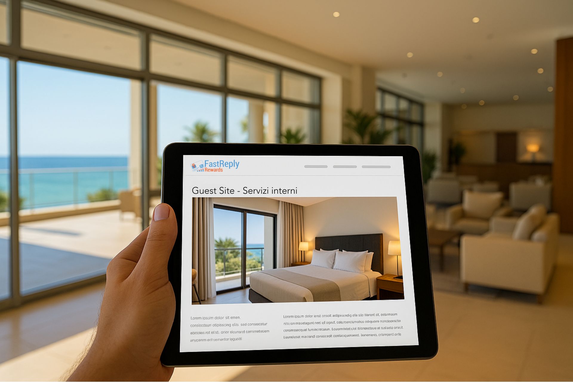 Tablet con Guest Site FastReply Rewards: servizi interni dell’hotel, camera e lobby con vista mare
